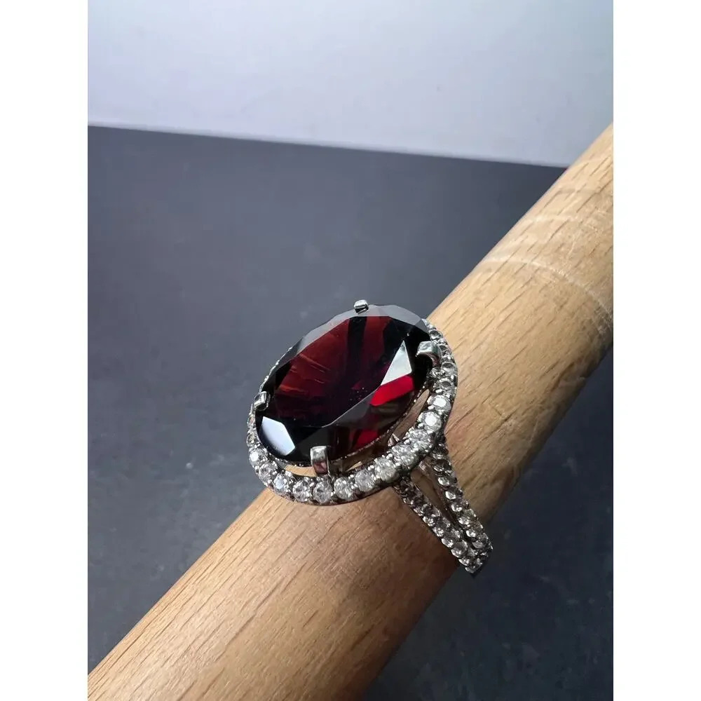 Garnet And Zircon Sterling Silver Cathedral Halo Ring Size 9